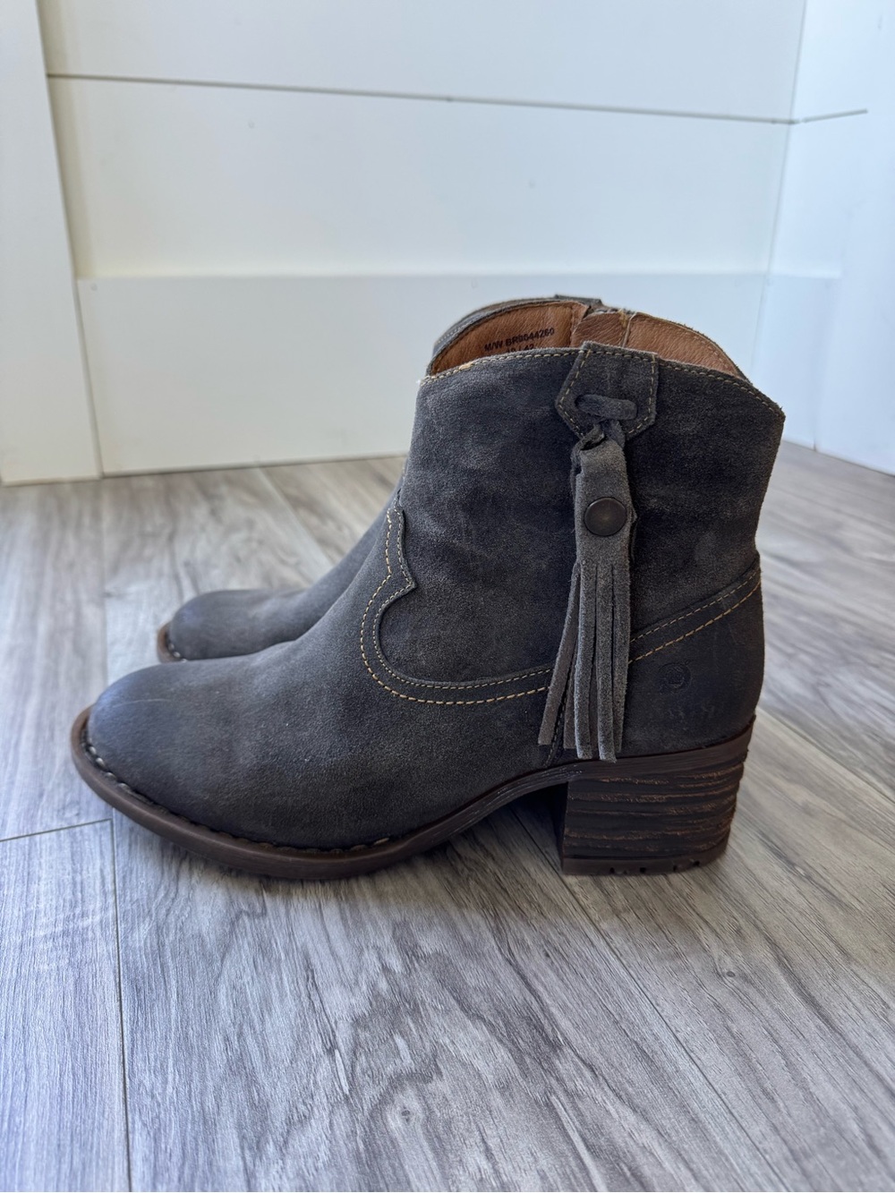 Born Alondra Fringe Western Ankle Bootie in Dark Grey Suede - size 10 / 42